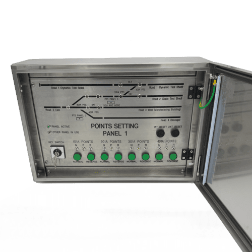 Trackside railway points setting and derailer control panel in stainless steel enclosure used for local turnout and safety device operation