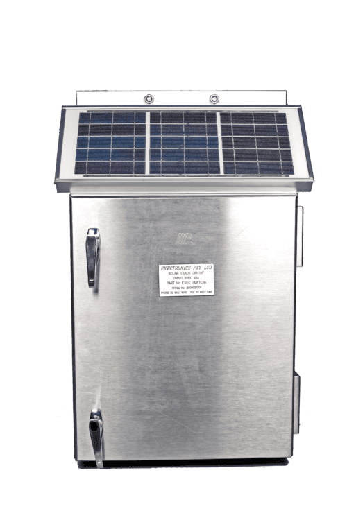 Railway solar track power unit in stainless steel enclosure with solar panel for remote signalling applications